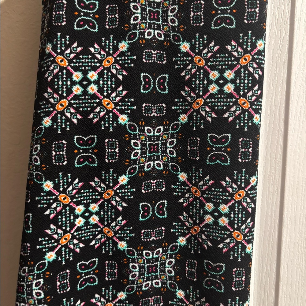 LuLaRoe Black Cassie Skirt with Colorful Geometric Pattern in Black Coral and Tu